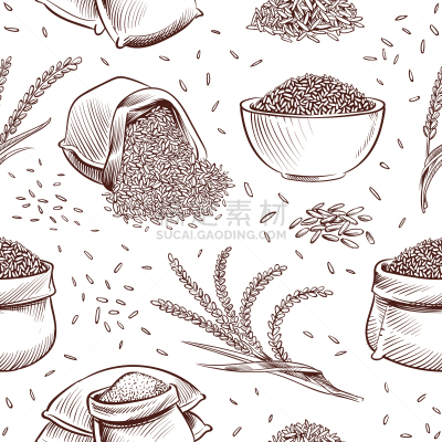 动物手,四方连续纹样,碗,稻,稻田,矢量,插画,谷物,轮廓,绘制