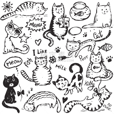 猫,草图,动物手,幽默,时尚,白色,黑色,可爱的,绘制,布置
