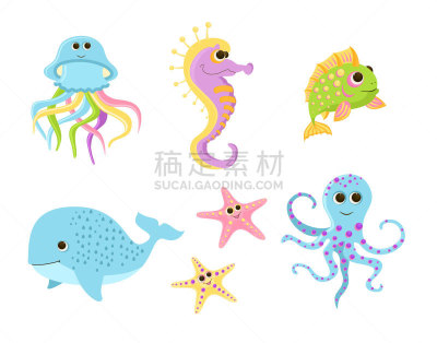 绘画插图,卡通,鱼类,海洋,生活方式,婴儿,儿童,矢量,可爱的,野生动物