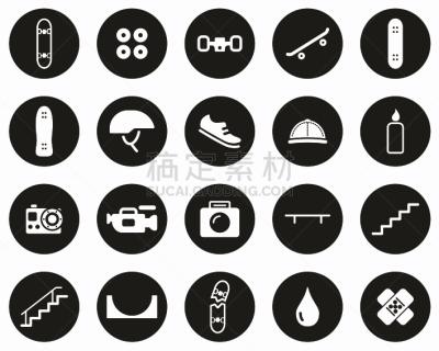 极限运动,滑板运动,设备用品,扁平化设计,计算机图标,白色,圆形,巨大的,黑色背景,布置
