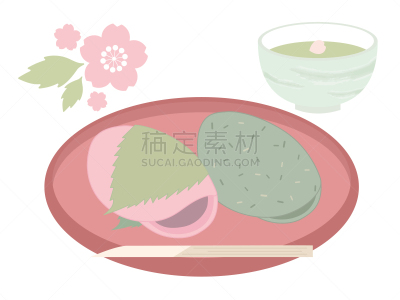 绘画插图,樱花饼,字体,长命寺,饮料,绿茶,日本点心,日本食品,食品,茶杯