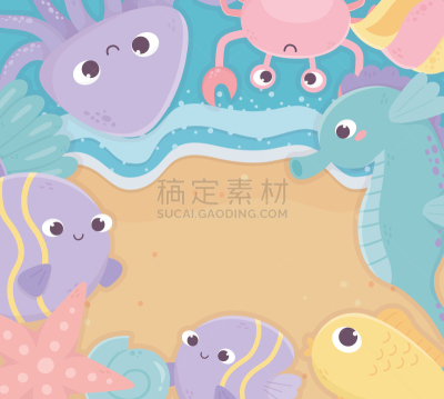 在下面,章鱼,卡通,海星,海马,海滩,贝壳,海洋,鱼类