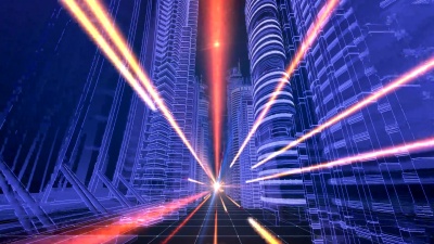 城市摩天大楼和数字网络。看起来未来主义的金融区。