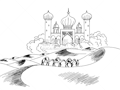 地形,黑色,绘画插图,沙漠,矢量,草图,白色,宫殿,错觉,驼队