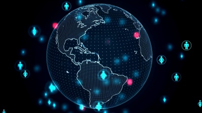 地球上有很多人在旋转。社交网络概念。循环动画。
