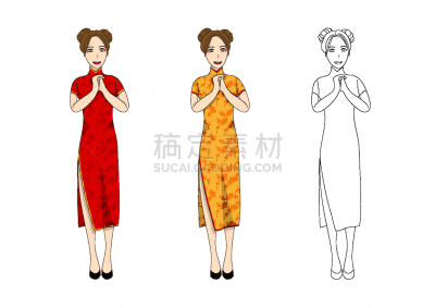 红色,女人,连衣裙,旗袍,亚洲,传统,人,黄金,问候