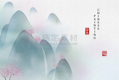 自然,高雅,背景,雾,瀑布,山,水墨画,地形,绘画作品
