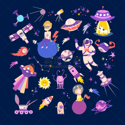 绘画插图,太空,矢量,组物体,秘密,可爱的,船,太空船,技术,不明飞行物