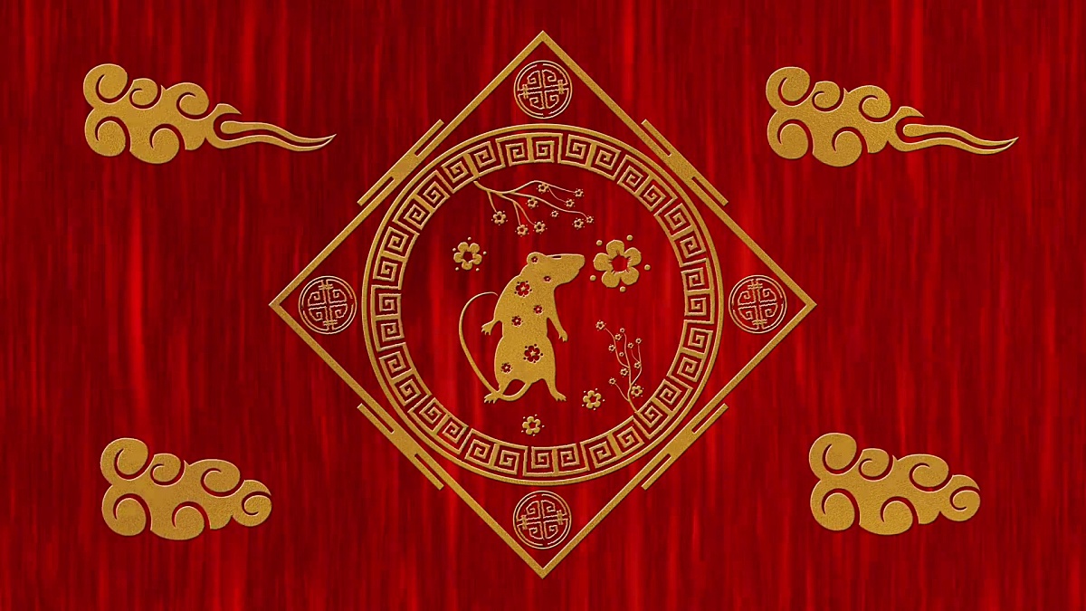 农历新年，春节的背景是金色的老鼠，红色的丝绸图案。春节红纸为节日活动做背景。3D渲染动画。无缝环路 