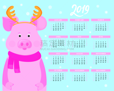 春节,可爱的,猪,动物,有角的,2019,符号,鹿,围巾,日历