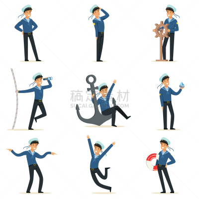 性格,水手,职业,可爱的,白色,男人,图像,海洋,船,布置