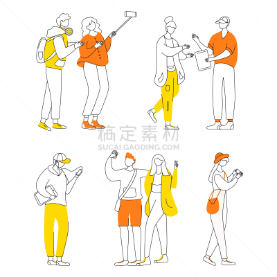绘画插图,卡通,极简构图,轮廓,平坦的,生活方式,青少年,性格,矢量,青年人