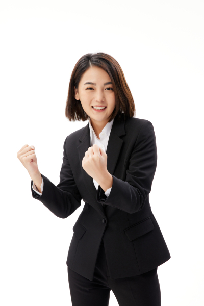人物系列实景双手加油手势的职业女性开心的扭动身体