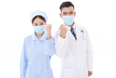 人物系列实景戴着口罩双手加油手势的医生护士