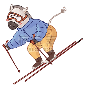 卡通-拟人化马元素-滑雪