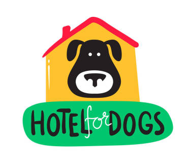 狗银行家酒店,宠物服务理念.可爱的黑狗看出展位和创造性的字体。动物日托海报简单设计。卡通矢量图解，图