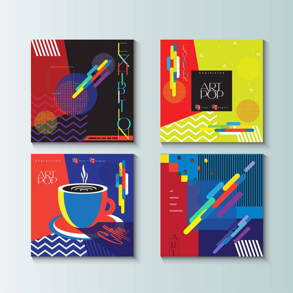 波普艺术画册封面现代设计，模板，套。未来派的抽象封面、 海报、 壁纸、 传单。展览目录背景。矢量。抽预览效果