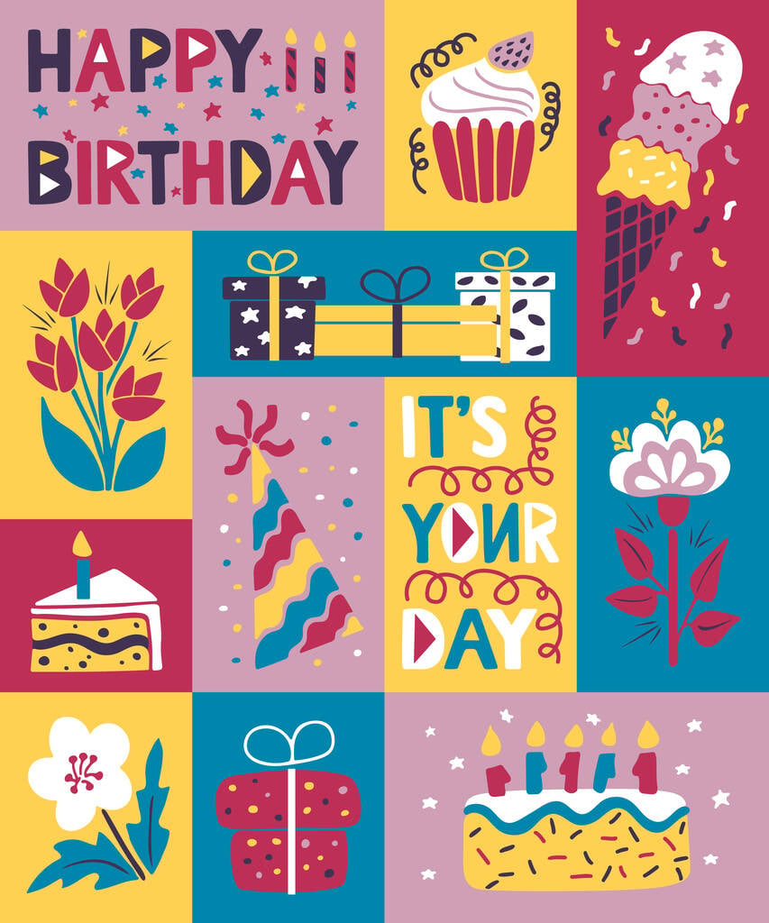 现代生日快乐矢量概念。生日宴会的元素,简朴简约的风格.可用作社交媒体的图片海报、明信片、背景、印刷品