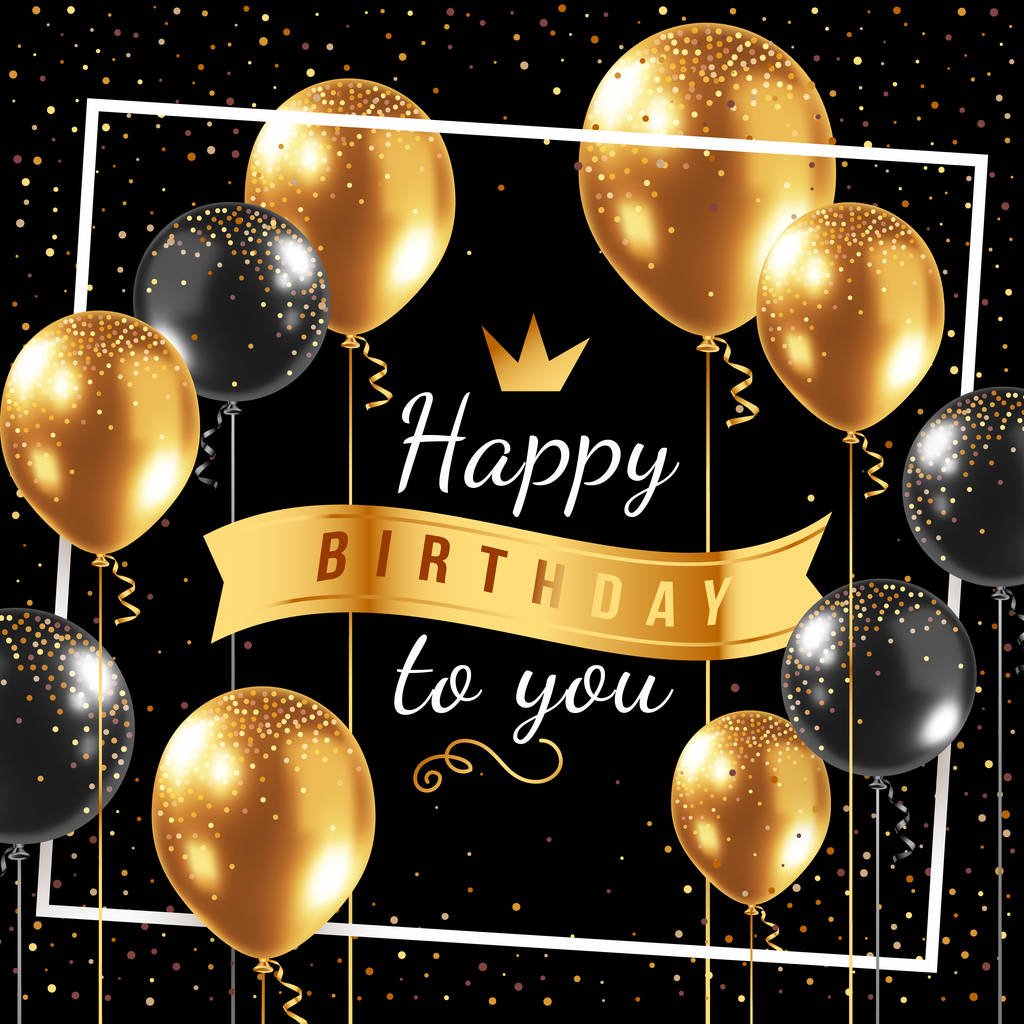 矢量生日快乐图片说明与3D现实的金色气球在黑色的背景与文字和闪闪发光的彩霞。贺卡、派对海报、邀请函的