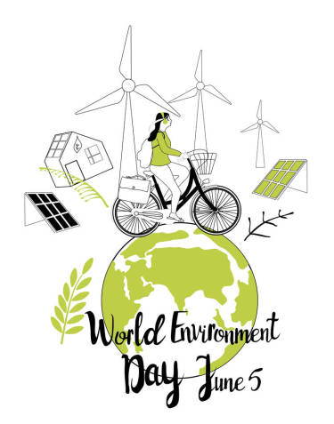 世界环境日六月五日病媒图片。女孩骑自行车环绕绿色地球旅行。安全的地球，循环利用，自然保护贺卡或设计海