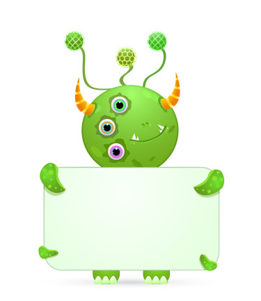 绿色的笑脸怪物和空白的标语牌在白色背景上孤立的向量图