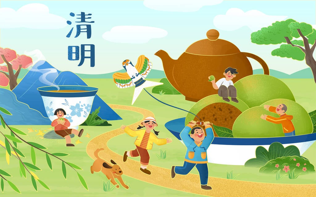 清明节海报。迷你亚洲儿童在传统假日食品和饮料周围玩耍。翻译：清明节预览效果