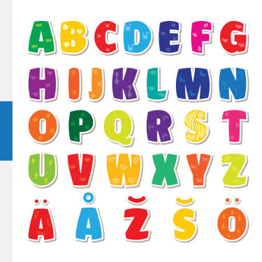 可爱有趣的幼稚芬兰字母表。矢量字体图