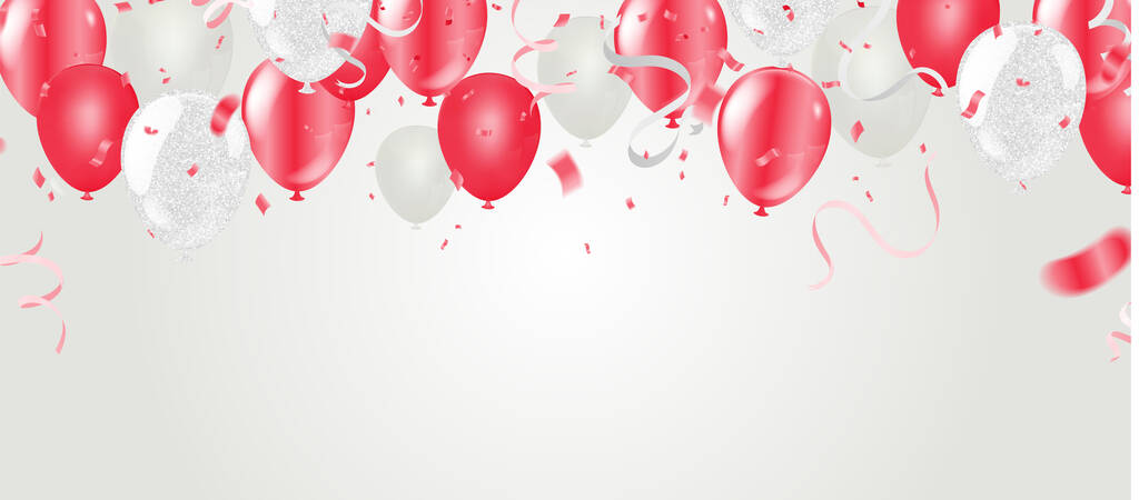 派对气球生日快乐图片说明庆祝背景模板，用彩带和彩带表达你的信息