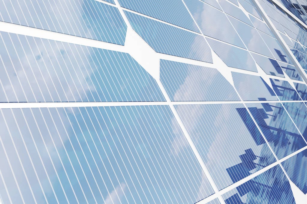 3d 图太阳能电池板。太阳能电池板生产绿色、 环保的能源来自太阳。未来的概念能源.预览效果