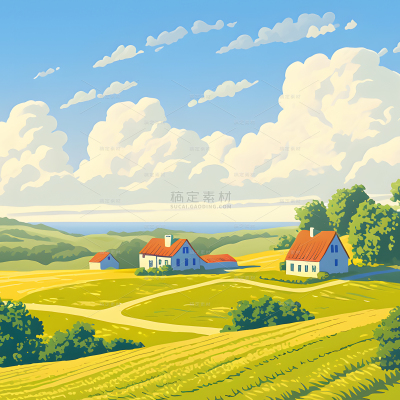 风光系列插画稻田乡村房子背景（td）