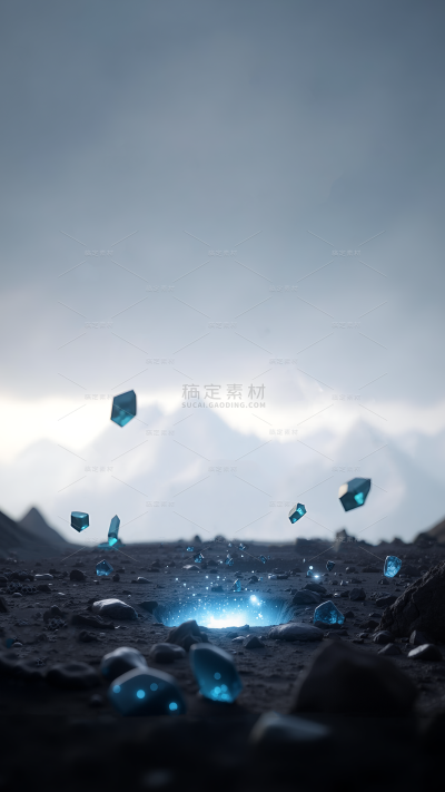 常规风光系列科技感发光岩石洞口漂浮碎石背景