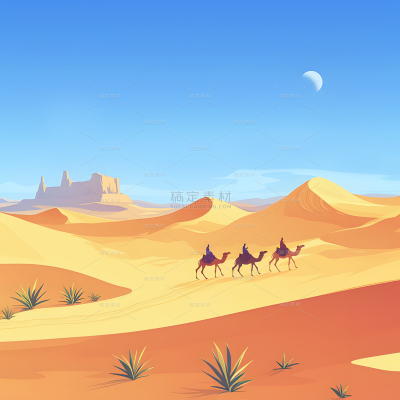 风光系列插画蓝天沙漠骆驼背景（td）