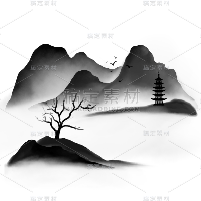 手绘-水墨中国风山水画场景3