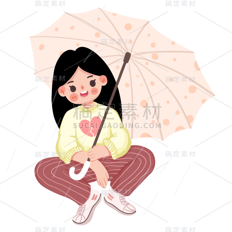 手绘-雨天女生人物插画贴纸1