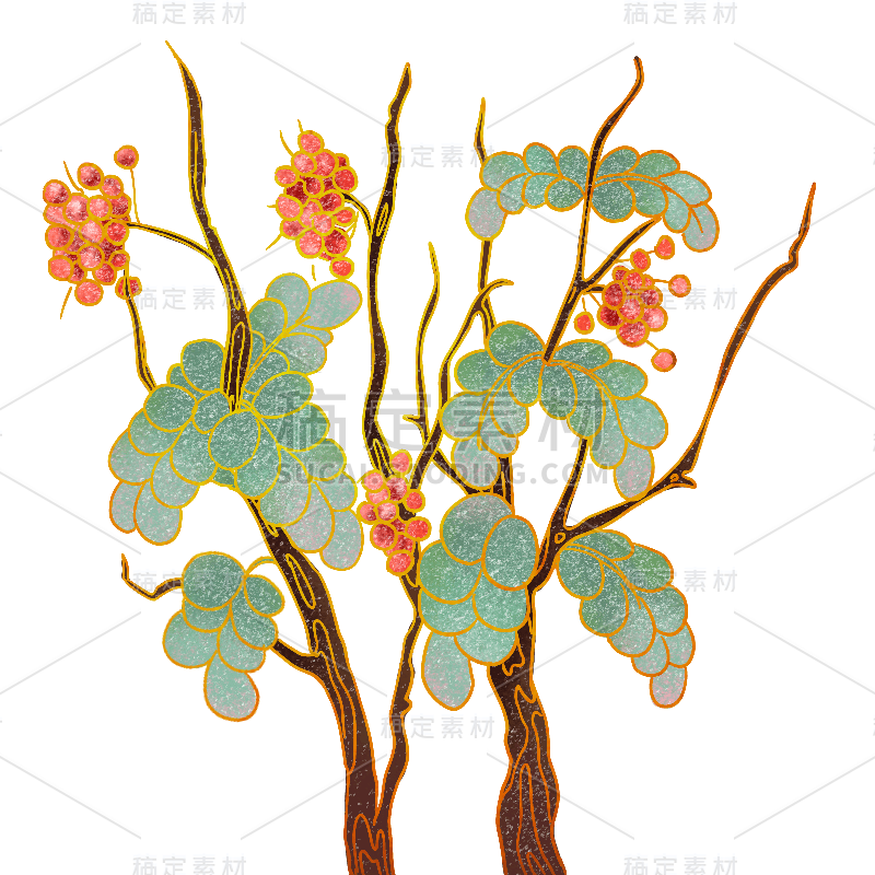 手绘肌理-工笔果子树创意贴纸