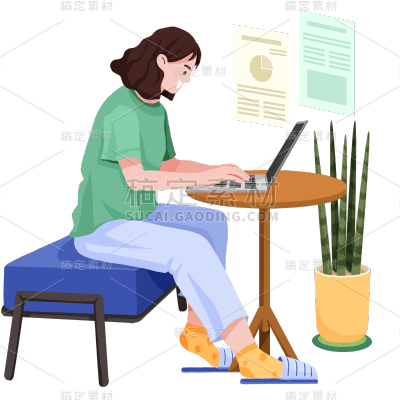 手绘在家办公的女孩职业元素