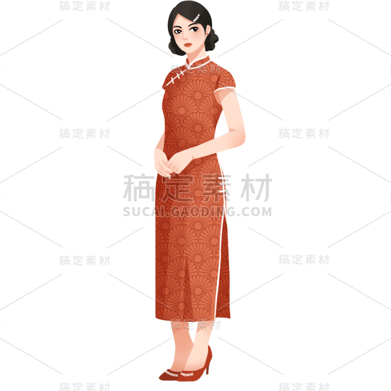 手绘-旗袍女人民国人物插画贴纸10