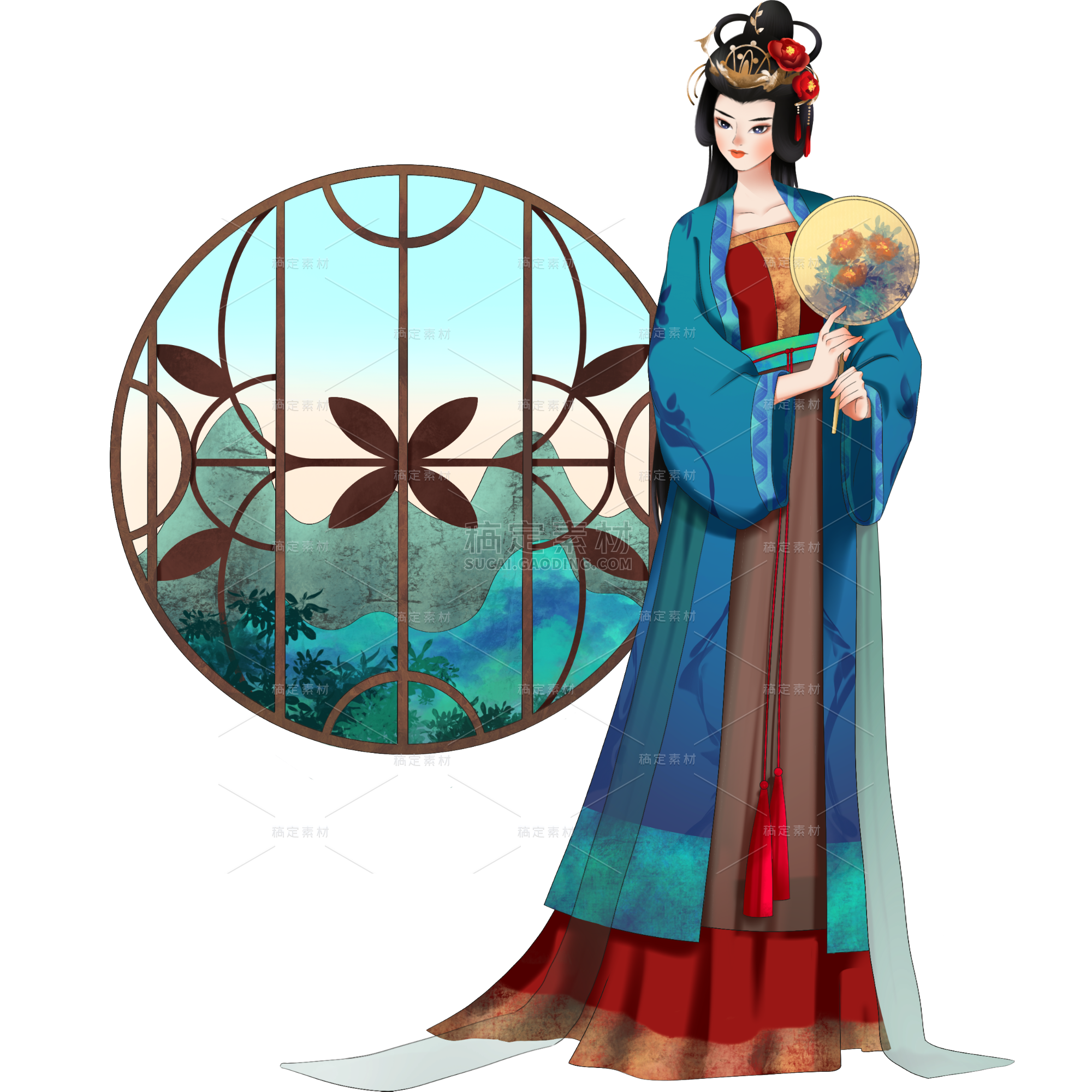 手绘-中国风人物插画贴纸-古风女性