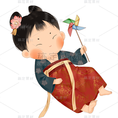 中国风古代元素贴纸风车女孩