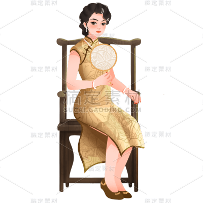手绘-旗袍女人民国人物插画贴纸1