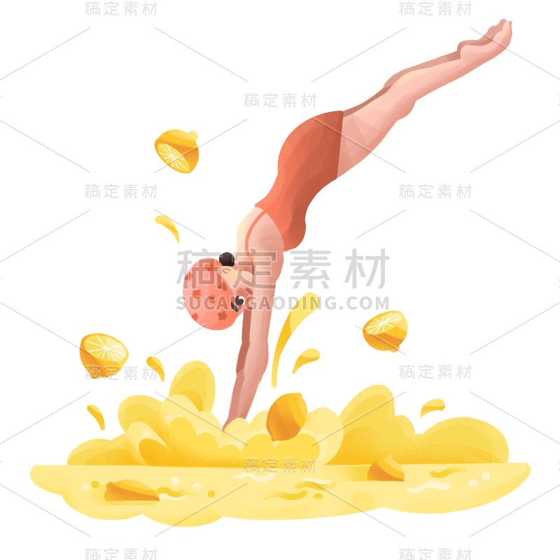 手绘-夏天元素人物插画贴纸-跳水