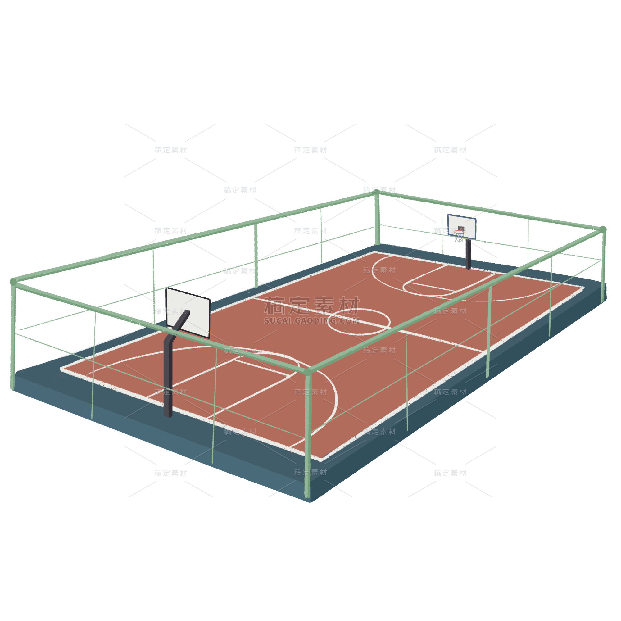 手绘篮球场学校建筑元素