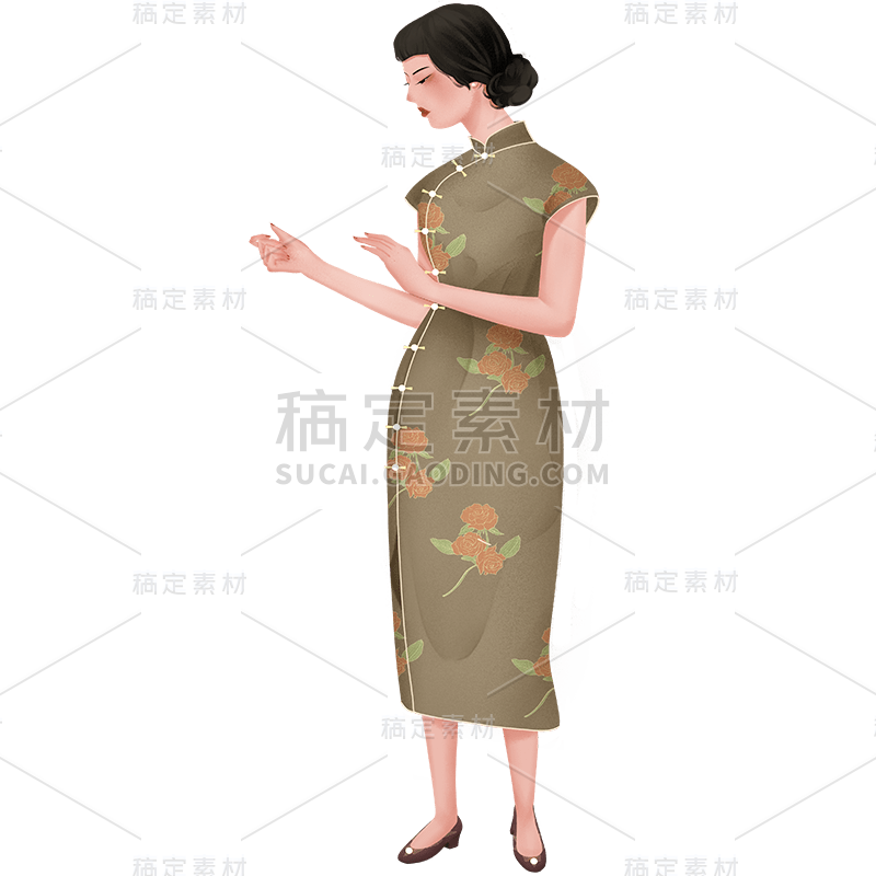 手绘-民国风旗袍女性人物贴纸人1