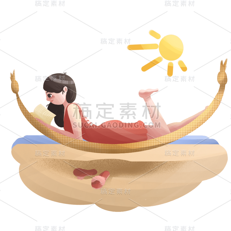 手绘-夏天元素人物插画贴纸-吊床