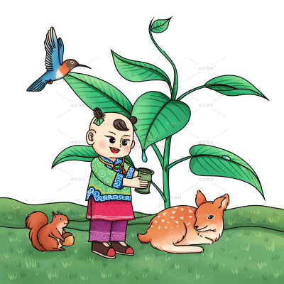 手绘-白露元素创意贴纸-玩耍