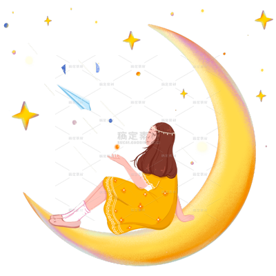 手绘肌理夜晚月亮小女孩元素 