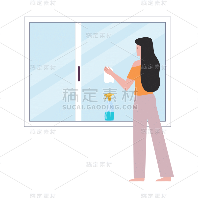 扁平-家居人物插画贴纸-SVG-擦玻璃