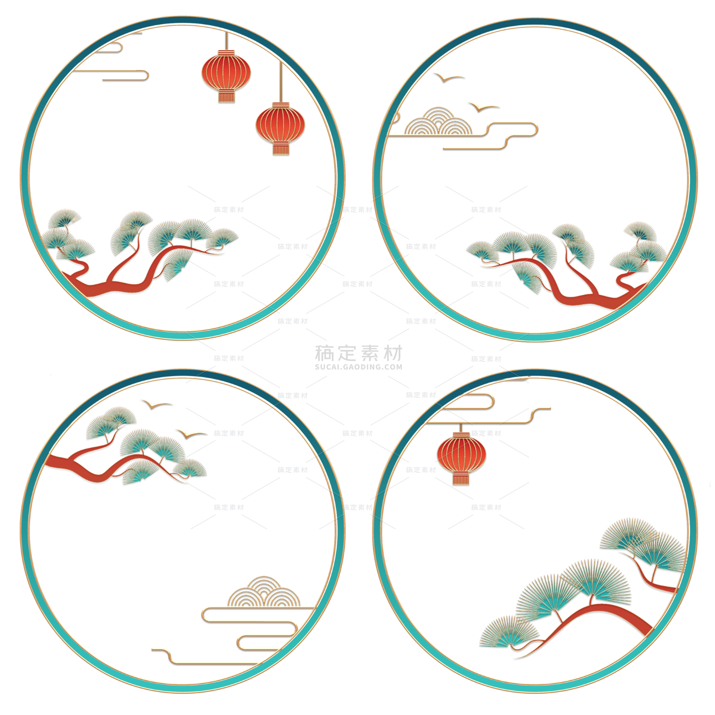 中国风边框灯笼松树元素