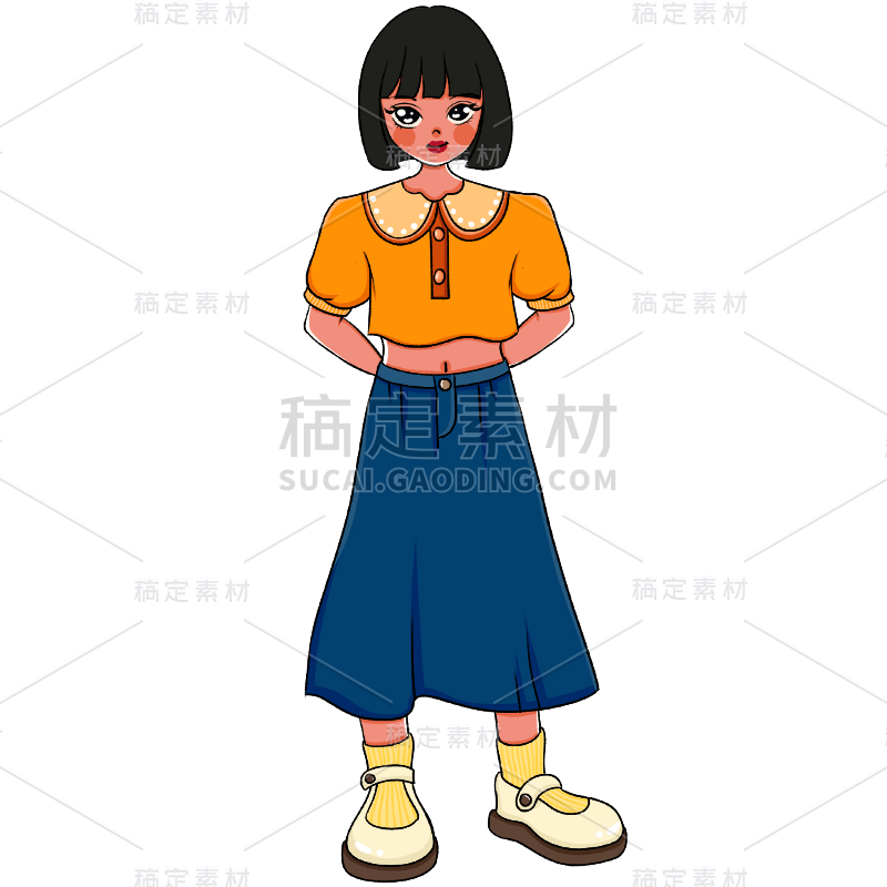 手绘-复古女生人物插画6