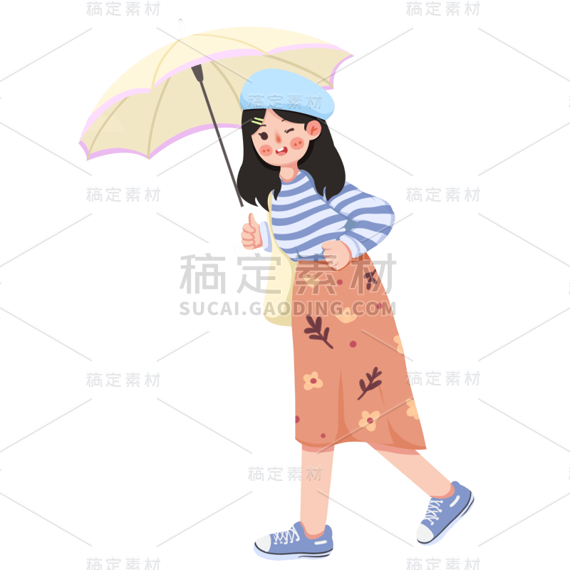 手绘-雨天女生人物插画贴纸3